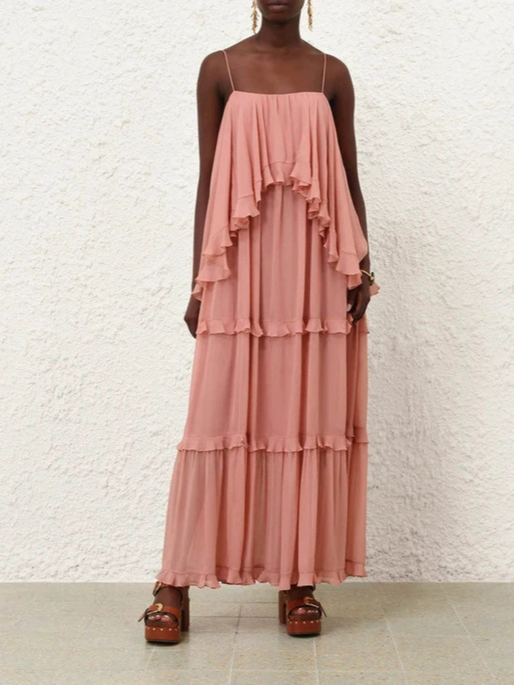 Zara Pink Casual Maxi Spaghetti Strap Dress with Pleated Ruffled Hem